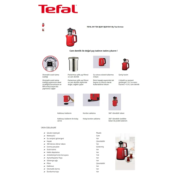 Tefal My Tea Bj201541 Kırmızı 1700 W Cam Demlikli Çay Makinesi - Görsel 4
