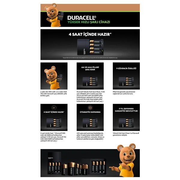 Duracell Cef 14 Şarj Aleti + 2 Adet Aa Ve Aaa Pil Duracell 4 Saat Şarj Cihazı 1 Adet + Duracell Şarj Edilebilir Aa 1300 mAh Piller 2'li Paket - Görsel 6