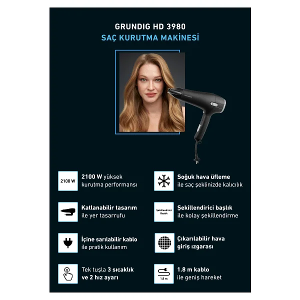 Grundig HD 3980 2100 W Saç Kurutma Makinesi - Görsel 7