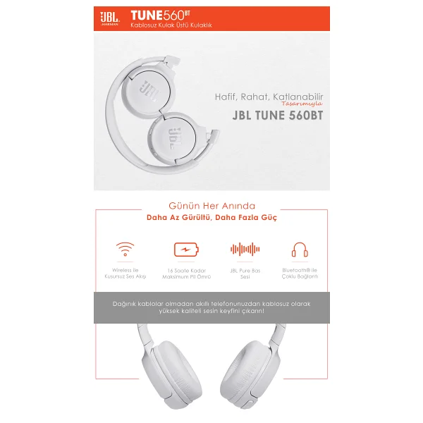 JBL 560BT Beyaz Kulak Üstü Bluetooth Kulaklık - Görsel 7