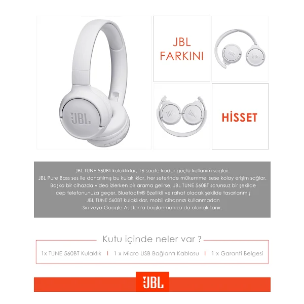 JBL 560BT Beyaz Kulak Üstü Bluetooth Kulaklık - Görsel 9