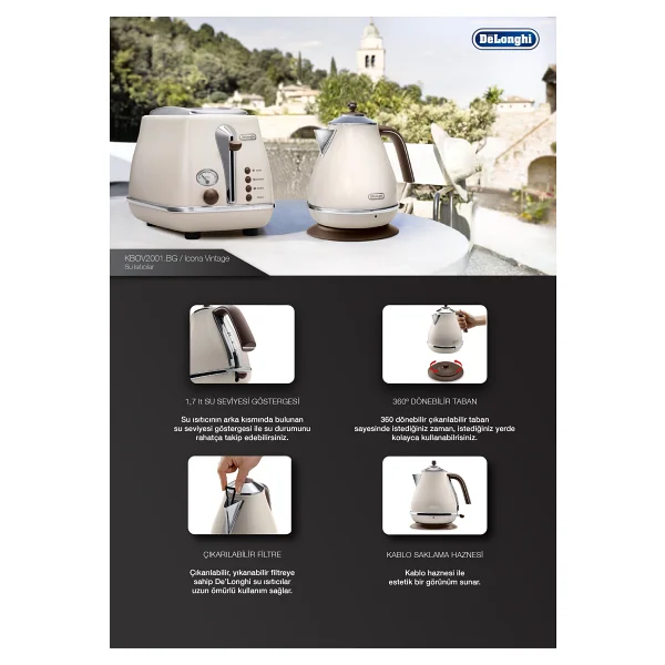 Delonghi Kbov 2001.Bg Icona Vintage Krem 2000 W 1.7 Lt Çelik Kettle - Görsel 8
