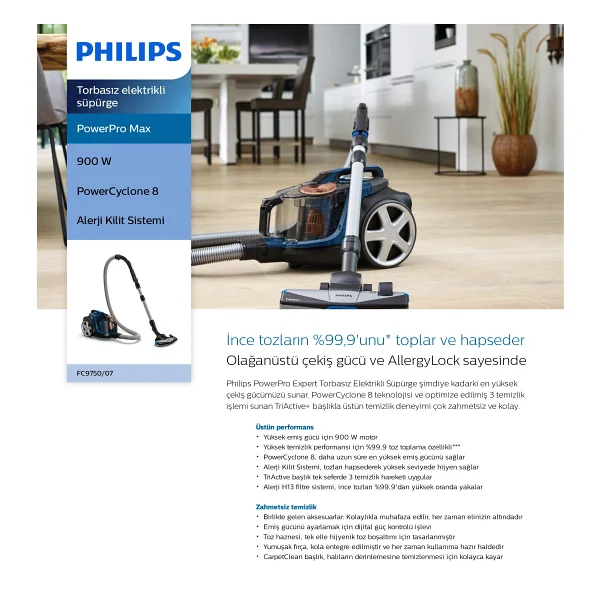 Philips Powerpro Max Fc9750/07 900 W Torbasız Elektrikli Süpürge - Görsel 9