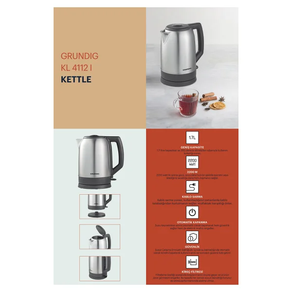 Grundig Kl 4112 I 2200 W 1.7 Lt Çelik Kettle - Görsel 7