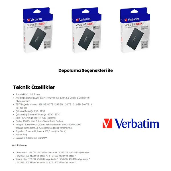 Verbatim Vi550 S3 SATA 3.0 2.5" 1 TB SSD - Görsel 6