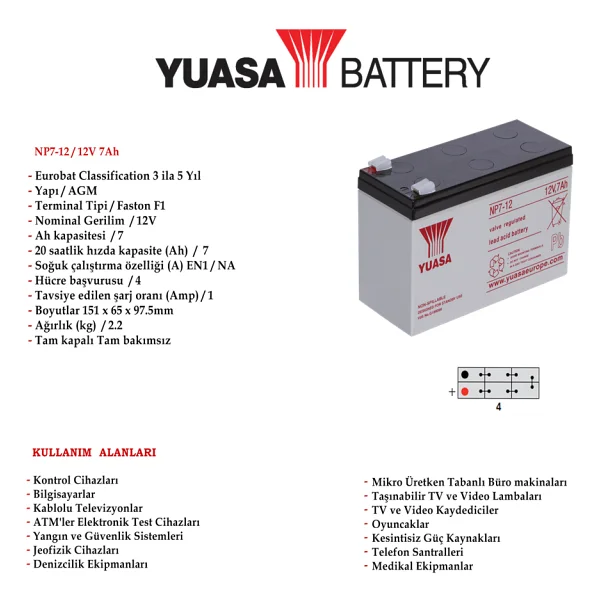 Yuasa NP7-12 12 V 7 Ah Bakımsız Kuru Akü - Görsel 3
