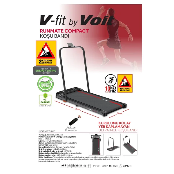 Voit Vfit By Runmate Compact Koşu Bandı Manuel Eğim Ayarlı Katlanabilir Uzaktan Kumandalı 10km Hız - Görsel 8