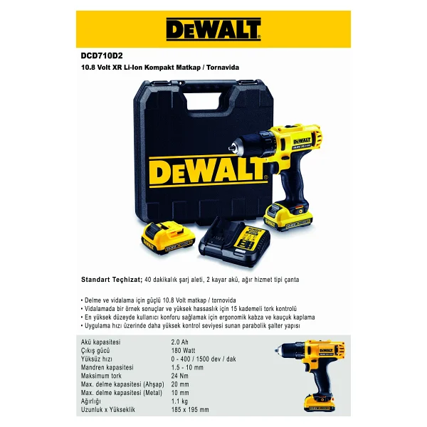 Dewalt Dcd710d2 Çift Akülü 2 Ah Darbesiz Matkap - Görsel 4