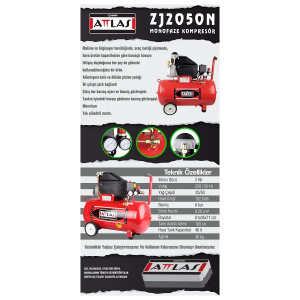 Attlas Hk 2050 N 2hp 46 Lt Monofaze Kompresör - Görsel 2
