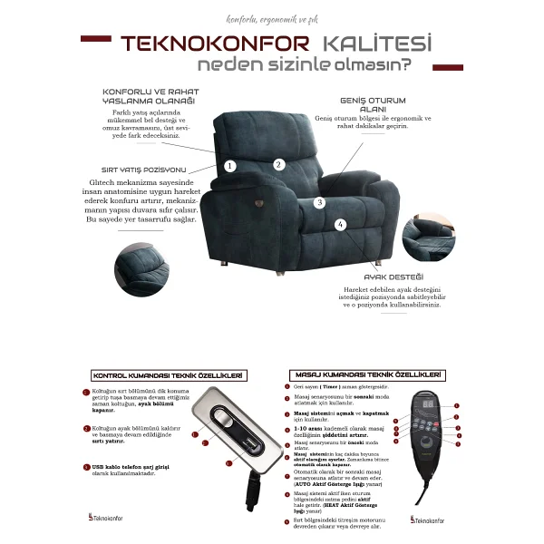 Tekno Konfor Wendy Masajlı Geniş Oturumlu Motorlu Baba TV Koltuğu - Lacivert - Görsel 8