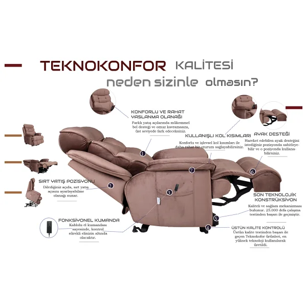 Tekno Konfor Lotus Lift Hasta Baba TV Koltuğu - Kahverengi - Görsel 8