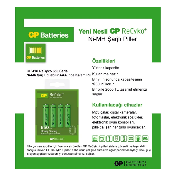 Gp Recyko 650 mAh 4'lü Şarjlı Aaa İnce Kalem Pil - Görsel 4