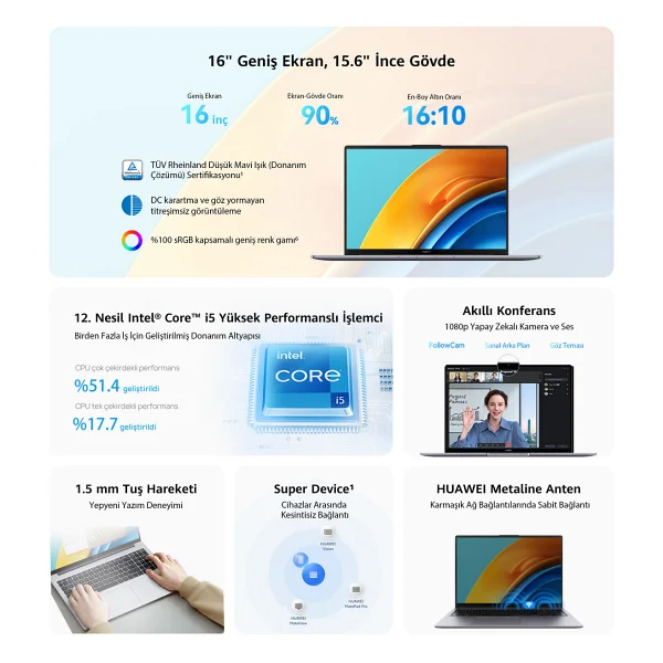 Huawei Matebook D16 Intel Core İ5 12450h 16gb 512gb SSD Freedos 16" Taşınabilr Bilgisayar - 512 GB - 16 GB - Görsel 10