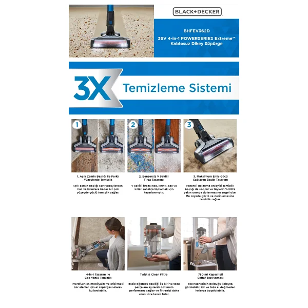 Black+Decker Powerseries Extreme Bhfev362d-Qw Şarjlı Dikey Süpürge - Görsel 6