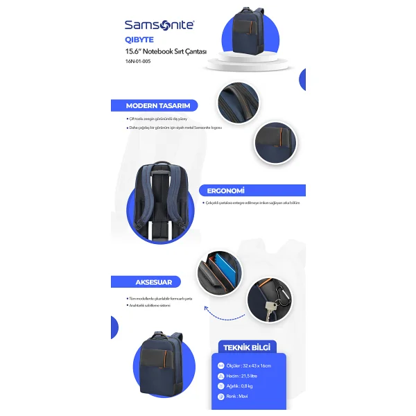 Samsonite Qibyte 16n-01-005 Mavi 15.6" Laptop Sırt Çantası - Görsel 7