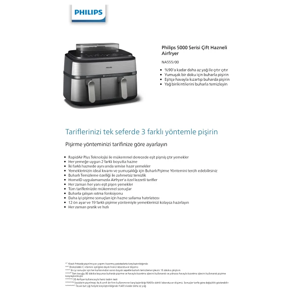 Philips Airfryer 5000 Serisi Na555/00 Çift Hazneli 9 Lt Yağsız Fritöz - Görsel 10
