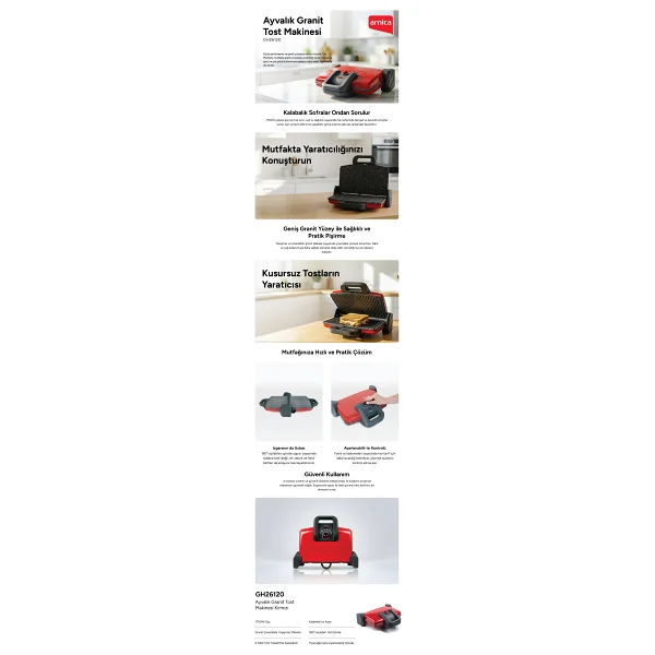 Arnica Ayvalık Granit Izgaralı Gh26120 Kırmızı 1750 W Tost Makinesi - Görsel 5