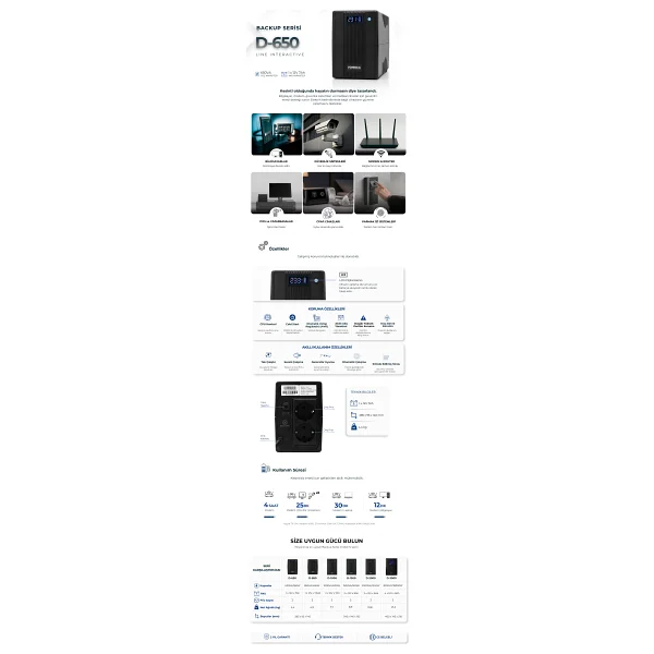 Vonısca Kesintisiz Güç Kaynakları D-650 650va Lcd Kesintisiz Güç Kaynağı Line Interactive 1x12v 7ah Ups Bilgisayar Modem Kamera PC - Görsel 8