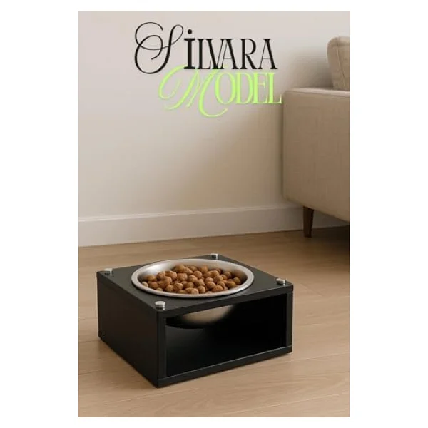 Reyo OK-AY Store Silvara Modern Ahşap Kedi ve Köpek Mama Standı Paslanmaz Çelik Kaseli Mama ve Su Kabı Siyah - Görsel 3