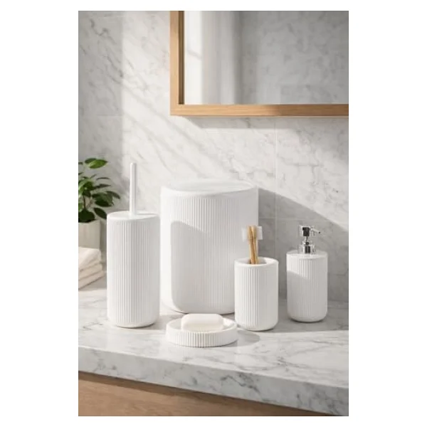 Perotti 33031500001-1 5 Parça Yuvarlak Banyo Seti - Çöp Kovası, Sabunluk, Diş Fırçalığı Ve Silikon Wc Fırçası Beyaz - Görsel 10