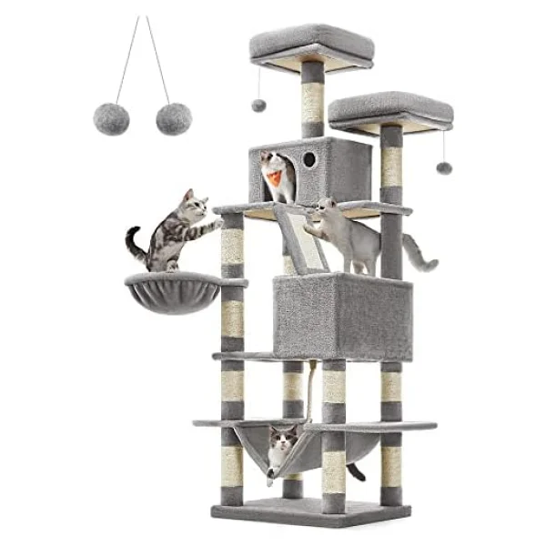 Feandrea tırmalama ağacı, büyük, 168 cm yüksekliğinde, L kedi ağacı, 13 tırmalama sütunu, 2 platform, 2 mağara, sepet, hamak, peluş toplar, çok katlı kedi tırmalama ağacı, açık gri PCT165W01 - Görsel 2