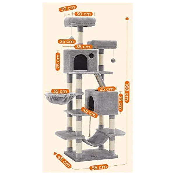 Feandrea tırmalama ağacı, büyük, 168 cm yüksekliğinde, L kedi ağacı, 13 tırmalama sütunu, 2 platform, 2 mağara, sepet, hamak, peluş toplar, çok katlı kedi tırmalama ağacı, açık gri PCT165W01 - Görsel 5