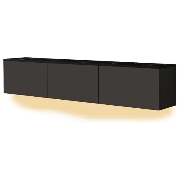 İnarch Dizayn Neon Led Işıklı Duvara Monte, 3 Kapaklı Tv Sehpası - 160 Cm - Modern Tasarım, Antrasit(Mermer Desen) - Görsel 4