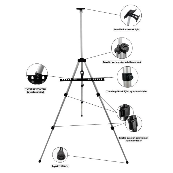 Temel Katlanabilir Alüminyum Tripod Şövale - Ayarlanabilir, Ultra Hafif, Taşıma Çantalı, Gümüş - Görsel 5