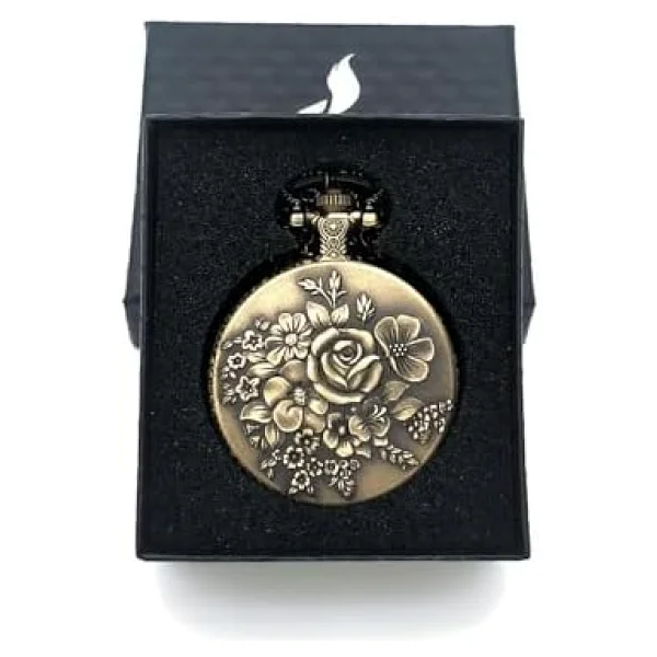 Valkyrie Zarif Kabartma Çiçek Desenli Vintage Bronz Cep Saati - Kolye Köstekli Retro Hediye - Görsel 6