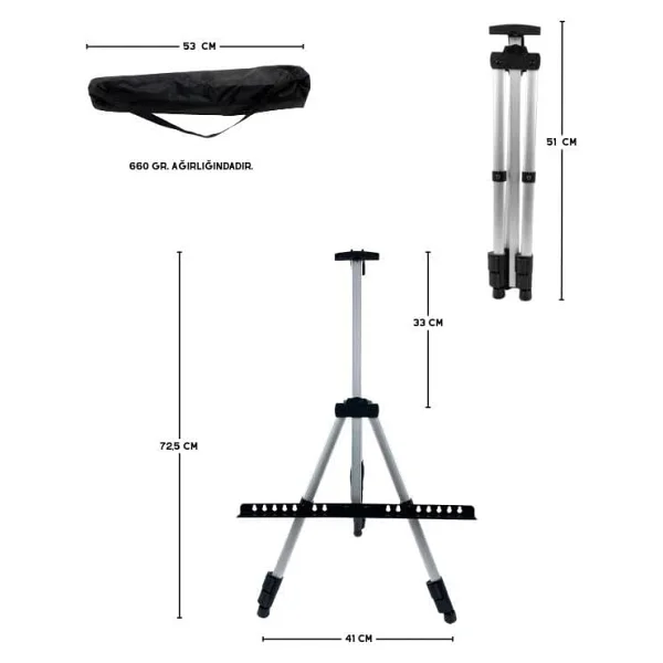 Temel Katlanabilir Alüminyum Tripod Şövale - Ayarlanabilir, Ultra Hafif, Taşıma Çantalı, Gümüş - Görsel 4