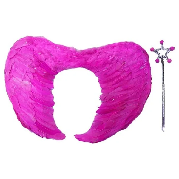 Gerçek Tüylü Katlanabilir Çocuk Pembe Melek Kanadı Ve Asa Seti 40x55 Cm - Görsel 6