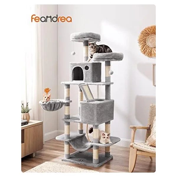 Feandrea tırmalama ağacı, büyük, 168 cm yüksekliğinde, L kedi ağacı, 13 tırmalama sütunu, 2 platform, 2 mağara, sepet, hamak, peluş toplar, çok katlı kedi tırmalama ağacı, açık gri PCT165W01 - Görsel 3