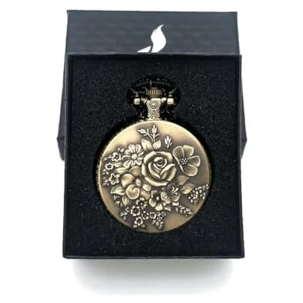 Valkyrie Zarif Kabartma Çiçek Desenli Vintage Bronz Cep Saati - Kolye Köstekli Retro Hediye - Görsel 4