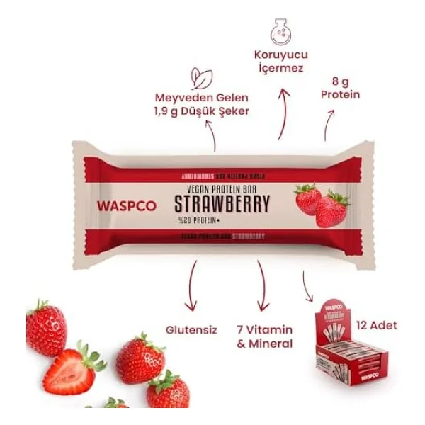 Waspco Vegan Çilekli Protein Bar 40g - Görsel 7