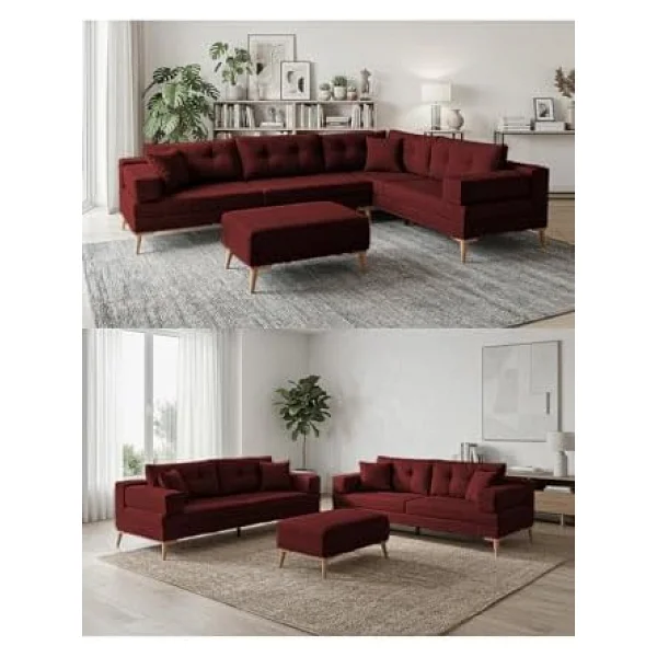 Zeri Modüler Yataklı 3 Adet Üçlü Kanepe & 3'lü Koltuk 3+3+3 - Bordo - 173 Bordo - Görsel 3
