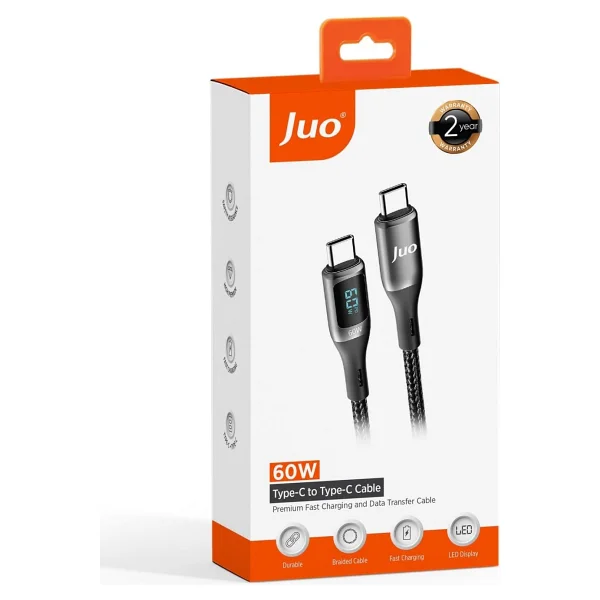 Juo 60w Dijital LED Ekranlı Örgülü USB Type-C To Type-C Hızlı Şarj Ve Data Kablosu 2 Metre - Görsel 7