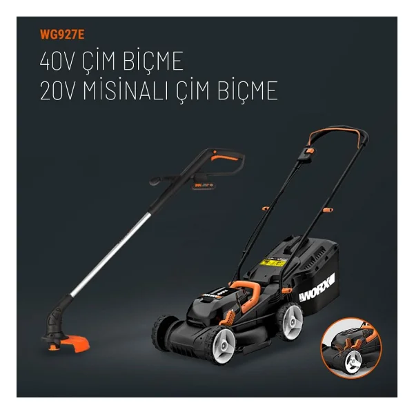 Worx WG927E 40 V Çift Akülü 2 Ah Çim Biçme Makinesi + WG157E.9 Misinalı Kenar Kesme Makinesi - Görsel 2