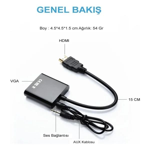 Concord Hdmi to Vga Kablo Monitör Tv Çevirici Dönüştürücü Kablo + Ses Kablo Destekli Siyah - Görsel 2