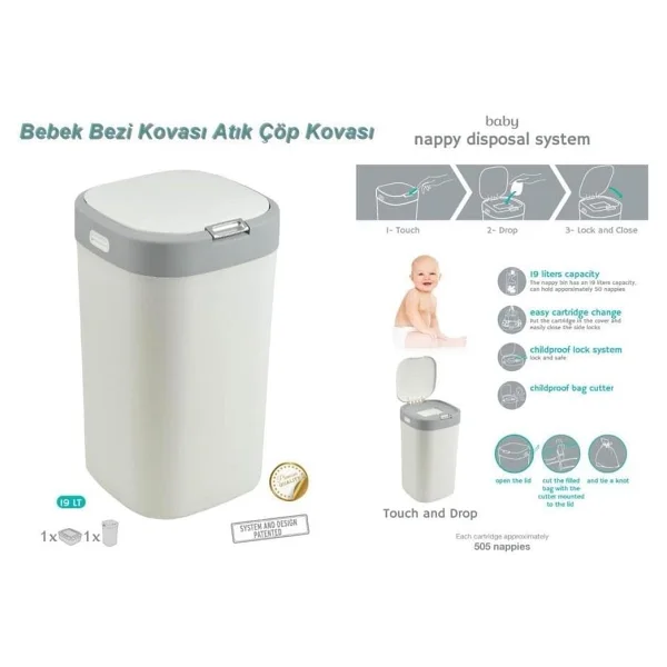 Motek Kartuşlu Bebek Bezi Kovası Atık Çöp Kovası 19 Lt+1 Ad Extra yedek kartuş - Görsel 9