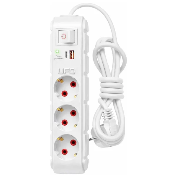 Ufo Yeni 3lü Akım Korumalı Grup Priz 0,5 Metre Bakır Kablolu, 5V 2,4A USB ve Type-C ile Şarj, Anahtarlı Topraklı Priz, Sürekli Koruma, 16A 250V, Max 3500W Aşırı Yük Koruması, 0,5m. Beyaz Renk - Görsel 2