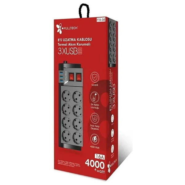 Fulltech Ftr-08 Anahtarlı Usb'li 2 M 8'li Akım Korumalı Priz - Görsel 8