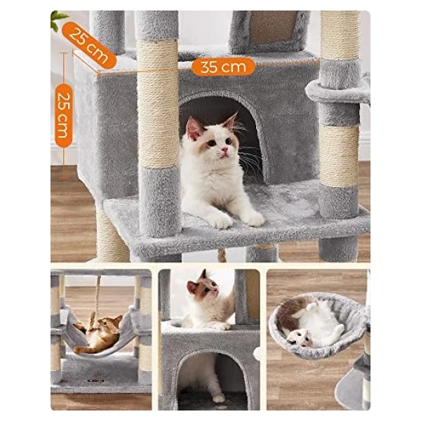 Feandrea tırmalama ağacı, büyük, 168 cm yüksekliğinde, L kedi ağacı, 13 tırmalama sütunu, 2 platform, 2 mağara, sepet, hamak, peluş toplar, çok katlı kedi tırmalama ağacı, açık gri PCT165W01 - Görsel 7