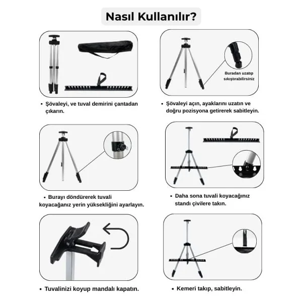 Temel Katlanabilir Alüminyum Tripod Şövale - Ayarlanabilir, Ultra Hafif, Taşıma Çantalı, Gümüş - Görsel 6