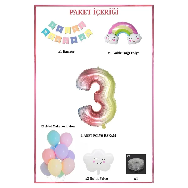 3 Yaş Gökkuşağı Bulut Konsepti Doğum Günü Parti Kutlama Seti - Görsel 3