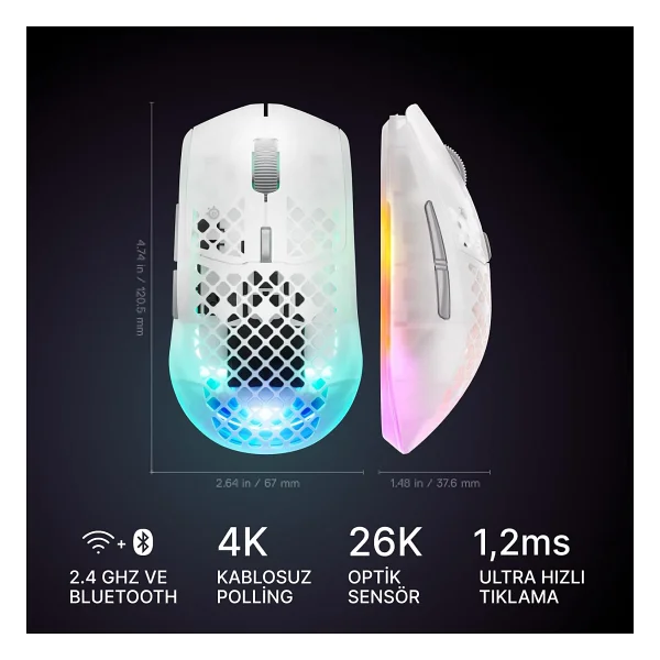 Steelseries Aerox 3 Wireless Gen 2 4K Ghost RGB Şarjlı Ergonomik Optik Kablosuz Oyuncu Mouse - Görsel 3