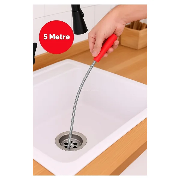 Eltos Lavabo Açma Teli, 6 mm Kalınlık, Dayanıklı, Metal Tel, Lavabo ve Gider Borusu Açacağı, Tıkanıklık Giderici, Spiral Tel, Ergonomik Sap, Kolay Kullanım, Lavabo, Tuvalet, Banyo, Gider Açıcı (5 M) - Görsel 2