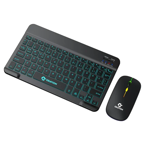 Gravion Km-Bt35 Işıklı Bluetooth Kablosuz Klavye Mouse Seti Siyah, Şarjlı Türkçe Q, Tablet Telefon Laptop Uyumlu, Sessiz Mini Combo - Görsel 2