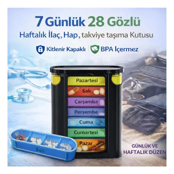 Coofbe Bpa İçermez Haftalık İlaç Saklama Kutusu 4 Bölmeli 28 Gözlü Kilitli Kapaklı Hap İlaç Kutusu Siyah - Görsel 2