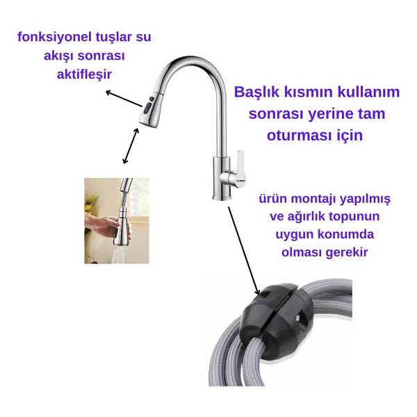 Fleko Sıcak soğuk Su Girişli Spiral Başlıklı Mutfak Eviye Bataryası (İnox(Gümüş)) - Görsel 4