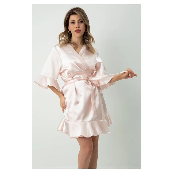 Doremi Kuşaklı Fırfırlı Saten Sabahlık Siyah L-XL - Görsel 9